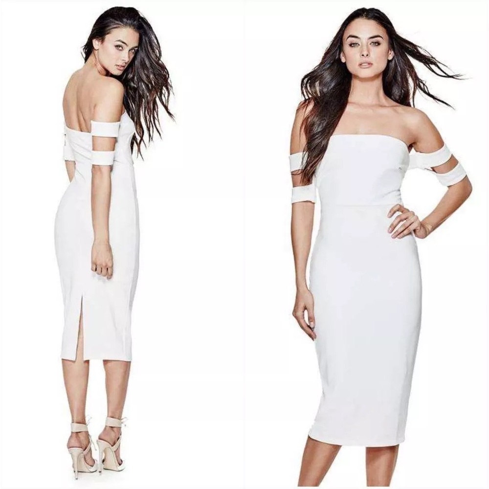 Guess White Body Con Drop Sleeve Dress